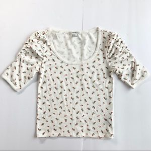 Scoop Neck Floral Ruched Sleeve Top